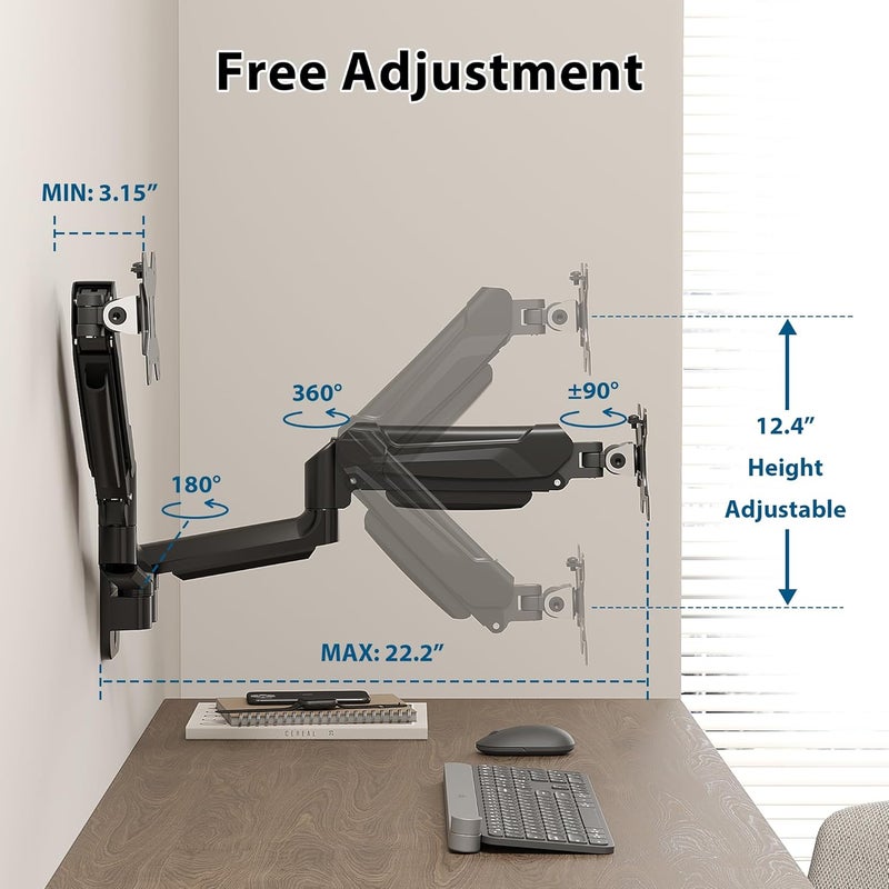 BONTEC Dual Monitor Wall Mount for 13-32 Inch Screens, Height Adjustable Gas Spring Arm with Tilt, Swivel & Rotate, Hold Up to 19.8 lbs, Fully Adjustable, Office & Home Use, VESA 75x75/100x100 - Image 4